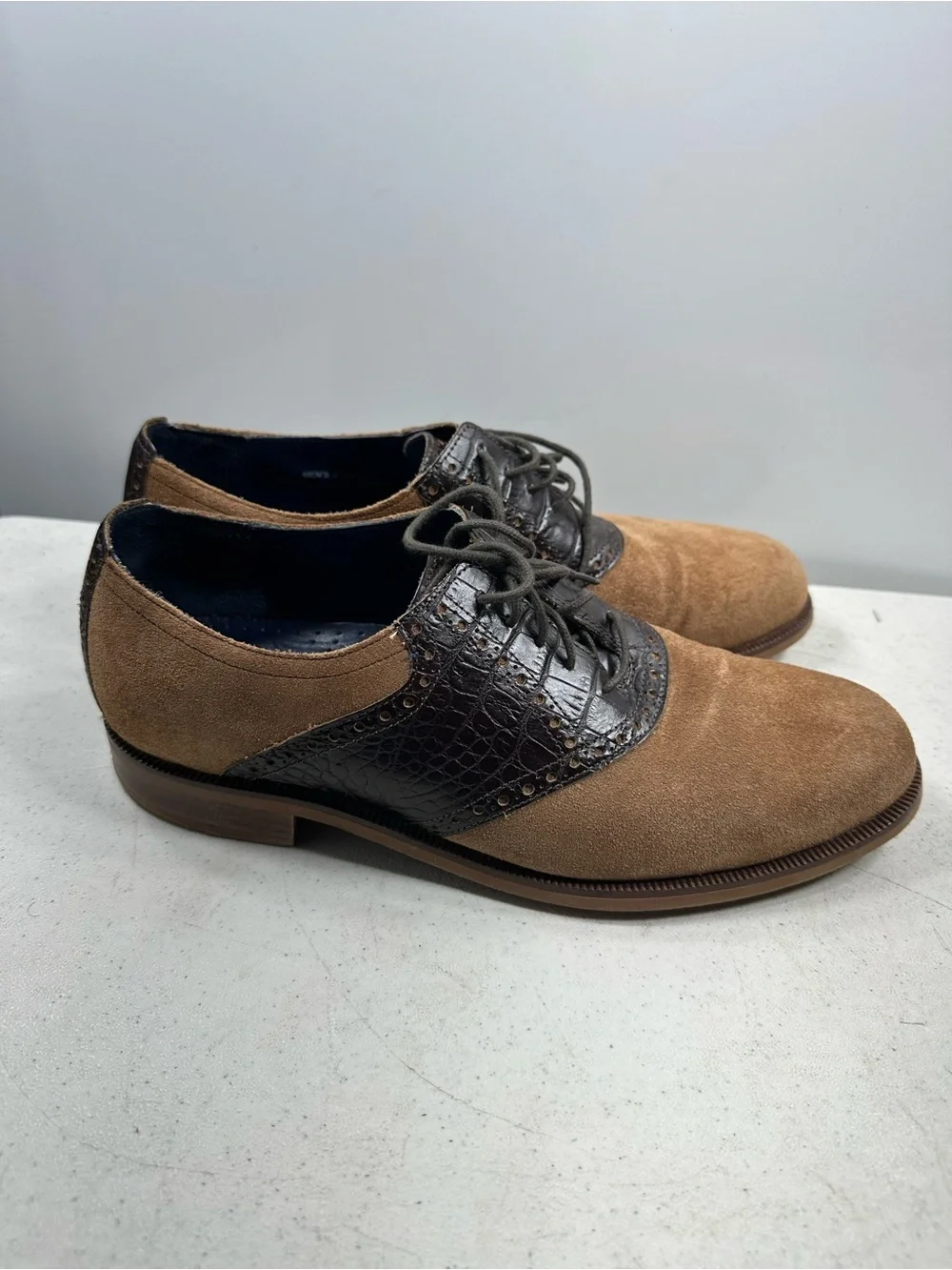 Cole Haan 9.5M Tan Brown Suede Leather Dress Shoes Saddle Oxfords Croc Embossed